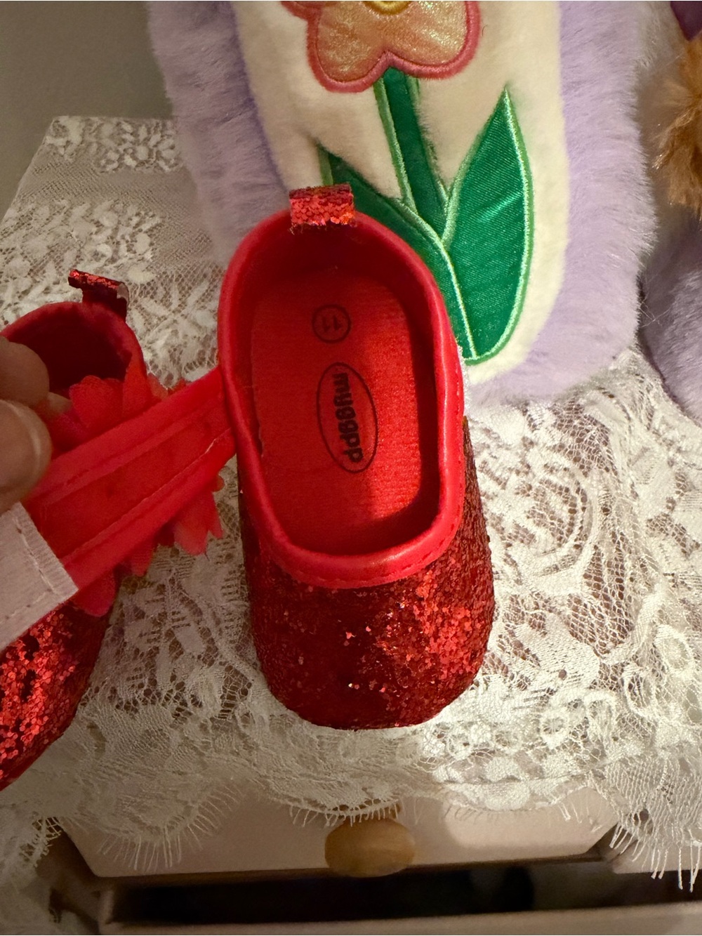 Mary Jane Red Glitter Kids Dress Shoes with Hook-and-Loop Strap